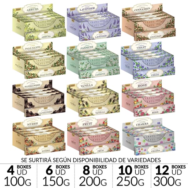 Indisk røgelse - Røgelsespinde - Assorterede dufte - Håndrullede - Gaveæske - 6 æsker, 150 g