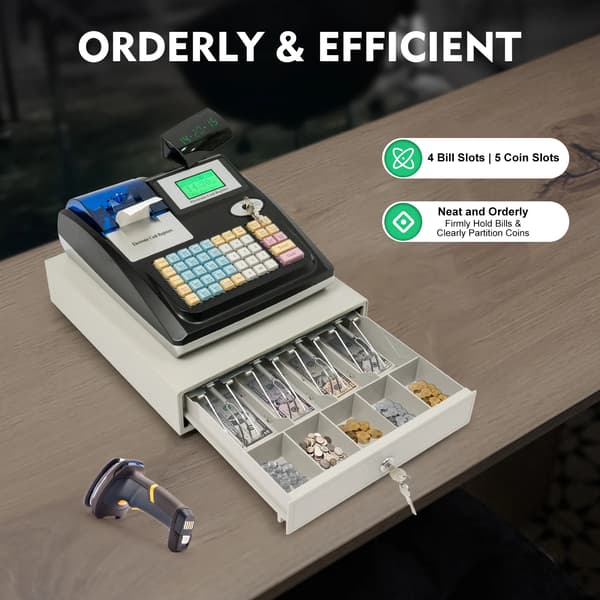 POS pengeskuffe - Kontantskuffe - EU-stik 100–240 V - LED-display - Rustfrit stål + ABS - Bordmodel - Ingen montering - Sort/Hvid