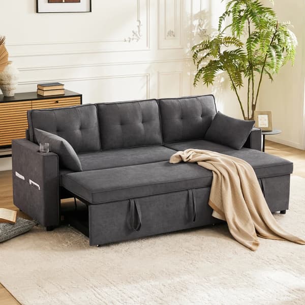 L-formad bäddsoffa - Modern Stil - 3-Sits - Bomullslinne - Förvaringsschäslong - Vändbar Schäslong - Grå