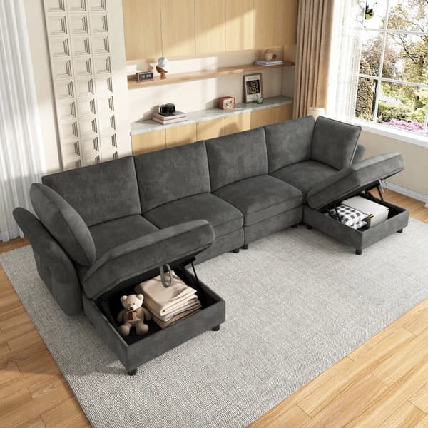 Modulär Molnsoffa - L-formad Hörnsoffa - 3 Sitsar - Chenilleklädsel - Förvaringspall - Modern Stil - Grå