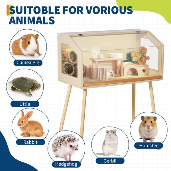 Träbur för hamster - Bur med ben - 101,6 × 81,3 × 40,6 cm - Bitresistent - Akrylfönster - Vippbart lock - Ventilation