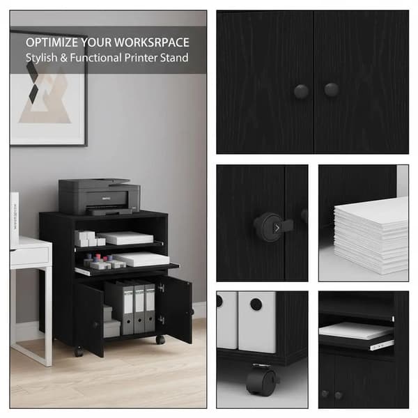 Printerbord i sort eg - Printerstand - 60x48x74 cm - Robust træ - Stor opbevaring - Moderne design - Sorte knapper