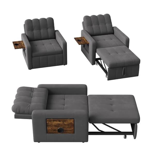 3-i-1 bäddsoffa - Enkelsäng - Utdragbar - Fällbart bord - Sidofickor - Chenille - Grå
