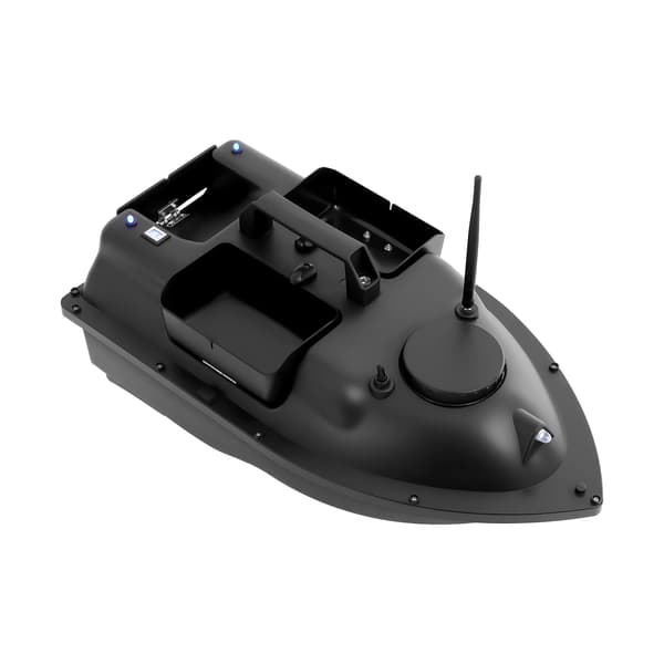 Foderbåt fiske - RC betebåt - 500 m räckvidd - 3 foderbehållare - 2 kg last - LED ljus - svart