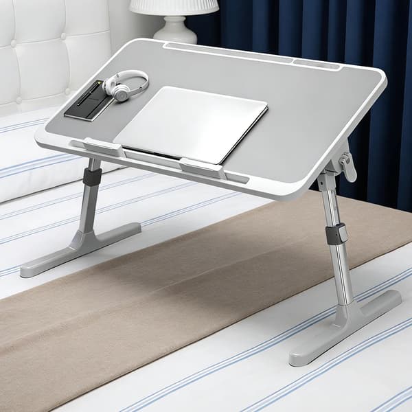 Hopfällbart laptopbord - Justerbart sängbord - Bärbart datorbord för säng och soffa - Rektangulär träskiva - Ljusgrå