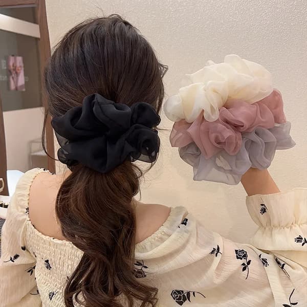 Hårelastik til kvinder - Stor chiffon scrunchie - Elastisk hårring - Mesh design - Til høj hestehale - Farve A