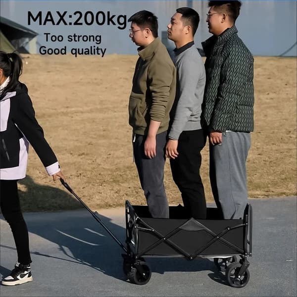 Robust sammenklappelig vogn - Camping- og strandvogn - Høj bæreevne - Foldbart design - Med solskærm - Sort
