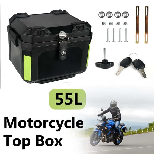Motorcykel Topbox - 55L Bakbox - Vattentät Hårdplast - Med Lås och Innerfoder - Universell Packväska