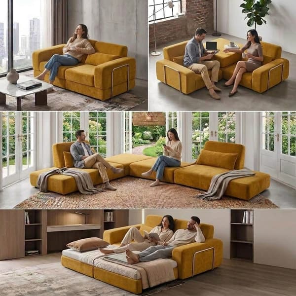Fällbar bäddsoffa - Modulär 4-i-1-soffa - L-formad - 1,8 m - Kuddrygg - Ingefärsgul
