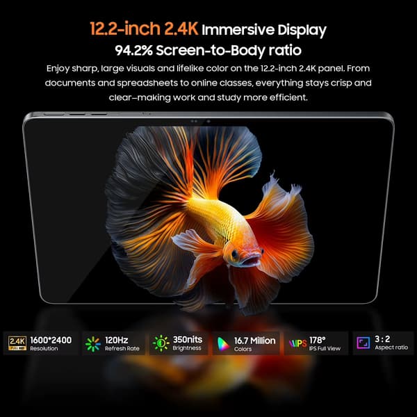 MEGA 12 Tabletti - Tablet PC - 5G - Android 16 - 12 Gt RAM - 256 Gt Tallennustila - 12,2 tuumaa - Harmaa