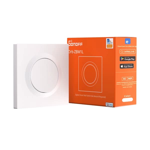 Orb-ZBW1L - ZBMINIL2-E - Smart Zigbee-vægafbryder - Uden nulledning - Trappekobling - Zigbee 3.0 - 100–240 V - Hvid