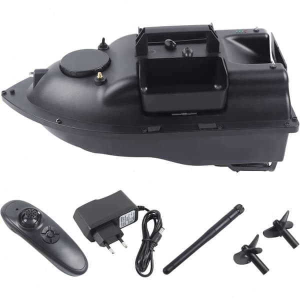 Foderbåt fiske - RC betebåt - 500 m räckvidd - 3 foderbehållare - 2 kg last - LED ljus - svart