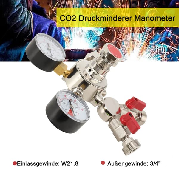 Koldioxid CO2 - Tryckregulator/Reduceringsventil - Primär Tryckreducerare - Dubbel Manometer - För Gasflaska