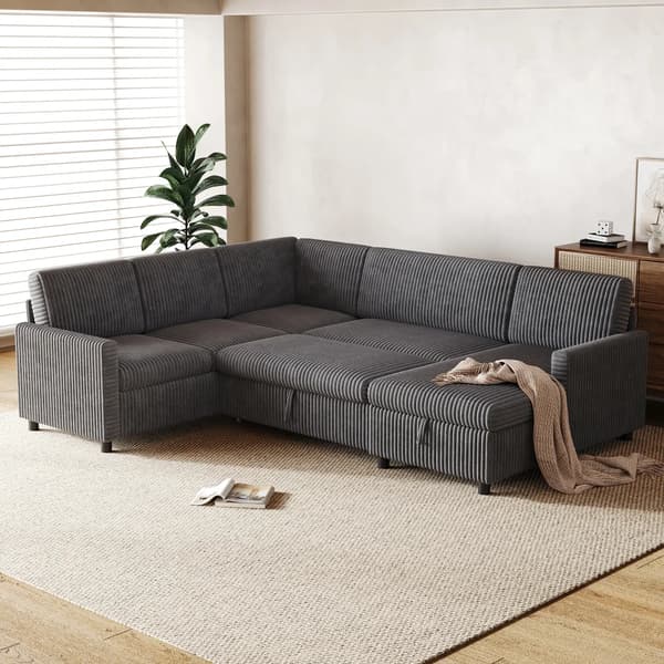 U-formad bäddsoffa - Modern hörnsoffa - Utdragbar Sängfunktion - Manchesterklädsel - Dold Förvaring - 5 Sitsar - Grå