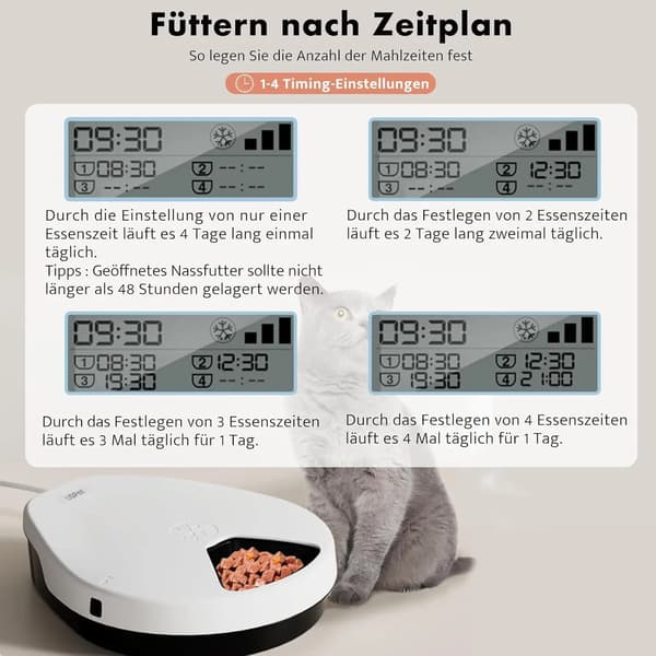 Foderautomat til kat & hund - F10 - 5 måltider med timer - 24 t friskholdning - 3 køletrin - Tør- & vådfoder - Størrelse L