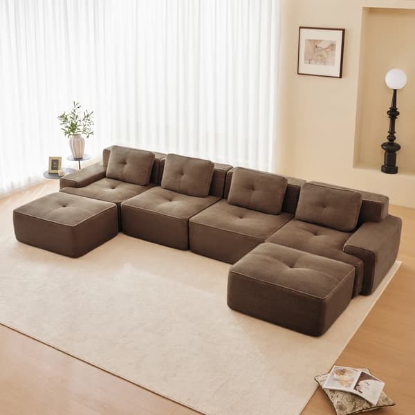 Modulsoffa - U-formad 4-sitssoffa - Manchestertyg - Vadderad - Halkfri - Brun