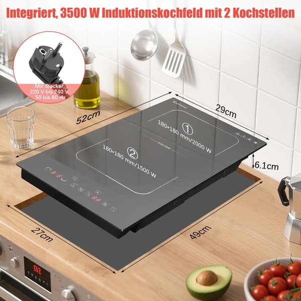 Induktionshäll - 2 kokzoner - Inbyggd - Touchpanel - Timer - Glaskeramik - 220 V