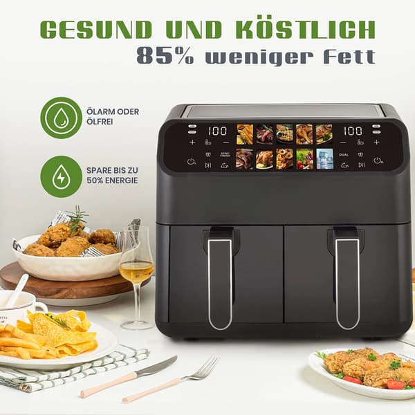 Varmluftsfritös - 9 l Dubbelkorg - 2000 W Ugn - 10 Program - LED-touchdisplay - Visningsfönster - Oljefri Matlagning