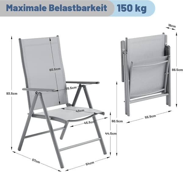 2-pack fällbara trädgårdsstolar - strandstolar utomhus - robust metallram - hög maxvikt - med armstöd - ljusgrå