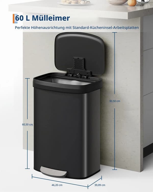 Affaldsspand - Pedalspand - 60 l - Rustfrit stål - Rektangulær - Fodpedal - Soft-close-låg - Sort