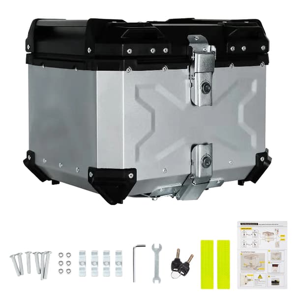 Motorcykel toppbox - Aluminium bakbox - 55L volym - Snabbkopplingslås - Avtagbar - Innerfoder i läder - Silver