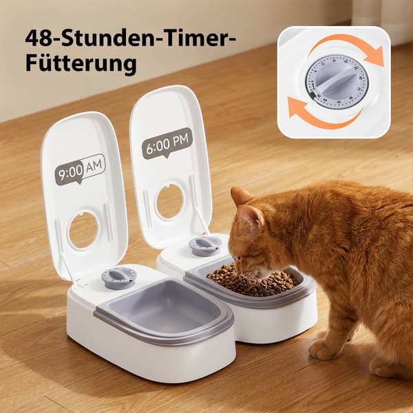 Automatisk kattefoderautomat 2 måltider - Foderdispenser til kat og lille hund - 48-timers timer - 2x350 ml 700 ml samlet - Batteridrevet - Til våd- og tørfoder