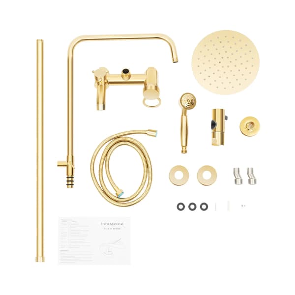 Brusersystem - Vægmonteret brusersæt - Højdejusterbar 80–117 cm - Regnbruser + håndbruser - 20 cm brusehoved - Rustfrit stål - Guld