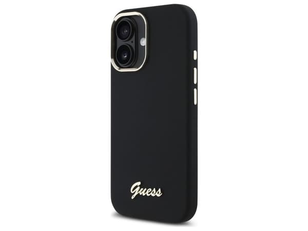 Guess silikone Script metall-logo & rammekappe til iPhone 16 - svart