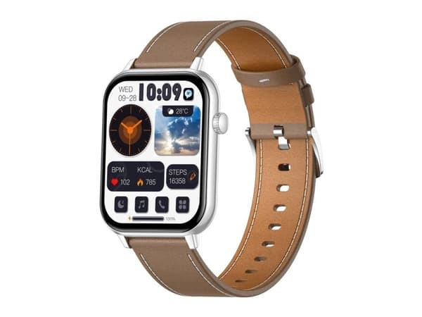 COLMI C28 smartwatch – silver + brun läderrem
