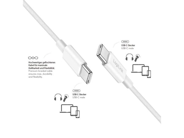 LogiLink CU0341, 1 m, USB C, USB C, USB 2.0, 0,48 Gbit/s, Hvit