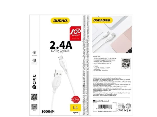 Dudao USB / Lightning-kabel 2,4A 1m hvit (L4L 1m hvit)