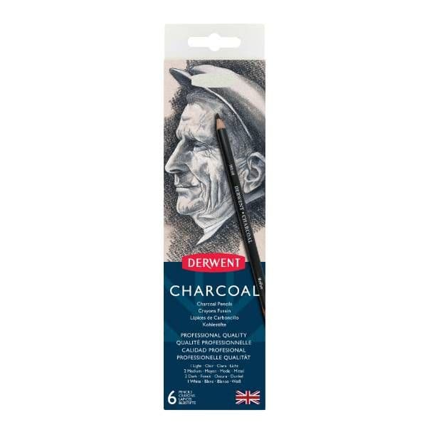 Derwent Charcoal - 6stk tin - Charcoal pencils light, medium, dark, white