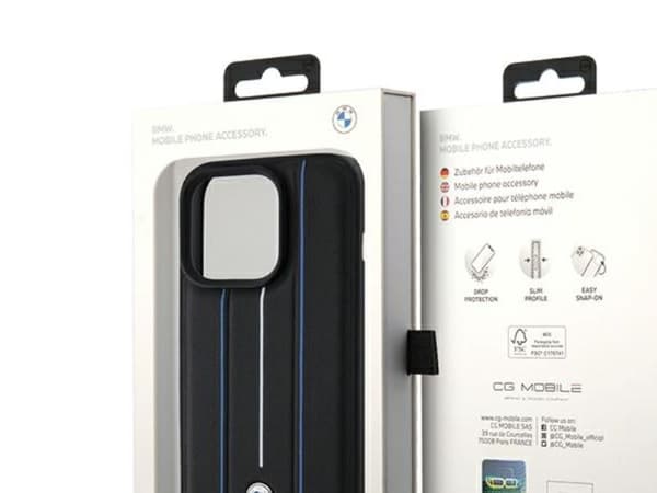 BMW Leather Stamp Blue Line-deksel til iPhone 15 Pro Max - svart