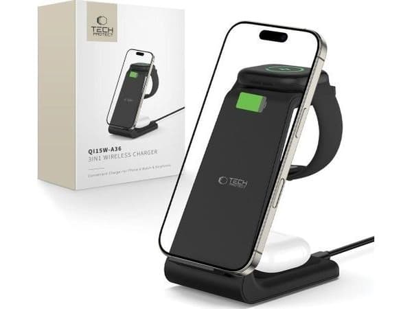TECH-PROTECT QI15W-A36 3-i-1 trådlader for Apple, sort