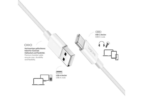 LogiLink CU0320, 0,5 m, USB A, USB C, USB 2.0, 0,48 Gbit/sek, Vit