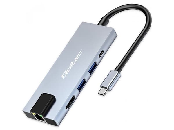 Qoltec-keskussovitin USB-C 5w1 | USB-C PD 100w | 2xUSB | HDMI 4k | RJ45