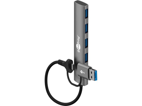 2-i-1 slank USB-hub med 4 porter, 5 Gbit/s