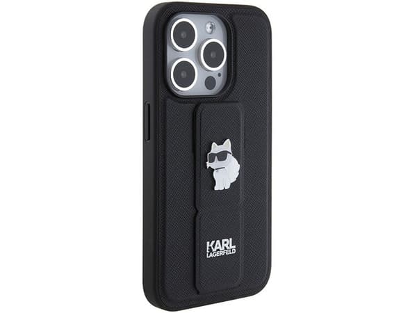 Karl Lagerfeld Gripstand Saffiano Choupette Pins-deksel til iPhone 15 Pro - svart