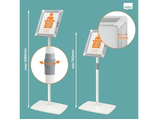 Nobo Premium Plus låsbart A4 displaystativ, Bildestativ, Aluminium, Polypropylen (PP), Sølv, Gulv, Rektangulær, Landskap/portrett