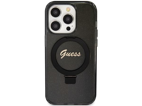 Guess Ring Stand Script Glitter MagSafe-skal för iPhone 15 Pro Max - svart