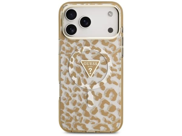 Guess IML Leopard Glitter Triangle Logo MagSafe Case for iPhone 17 Pro Max / 18 Pro Max - Brown