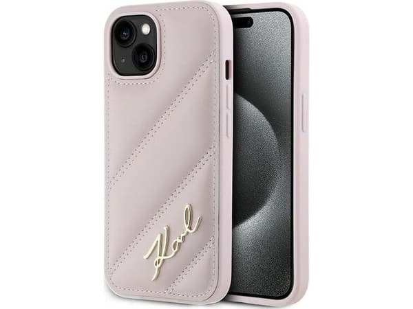 Karl Lagerfeld diagonalt quiltet script-etu iPhone 15 Plus / 14 Plus - rosa