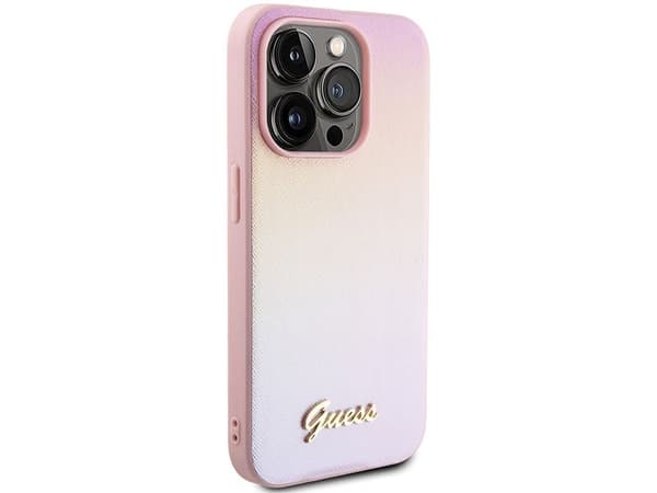 Guess Saffiano iriserende script-etui til iPhone 14 Pro - rosa