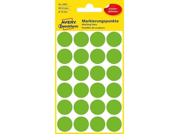 Avery 3597, Grön, Circel, papper, 24 styck, 4 ark, 1,8 cm