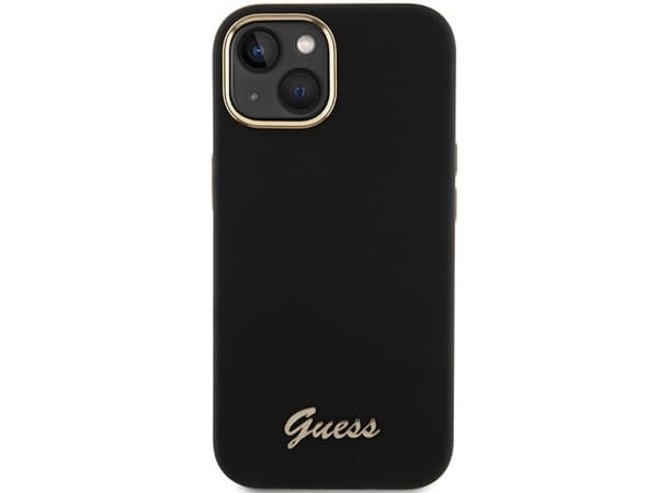 Guess silikon script metalloggo & ramme-deksel til iPhone 15 - svart