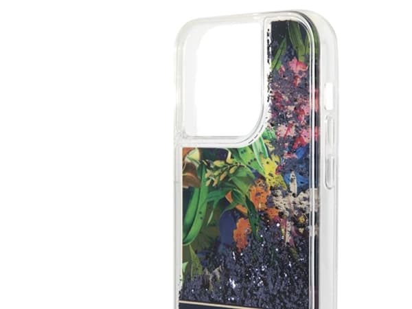 Guess Flower Liquid Glitter mobildeksel til iPhone 14 Pro Max - blå