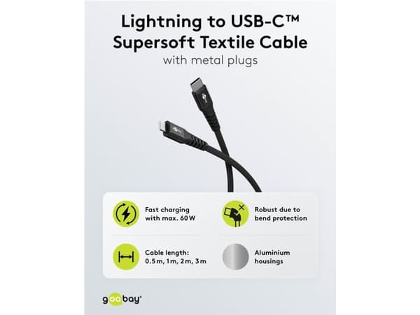 Goobay 74516, 2 m, Lightning, USB C, Hankjønn, Hankjønn, Sort