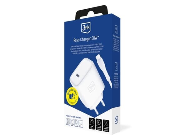 3mk Rayo Charger 20W PD3.0 PPS USB-C Wall Charger + USB-C / USB-C 3A 60W Cable - White
