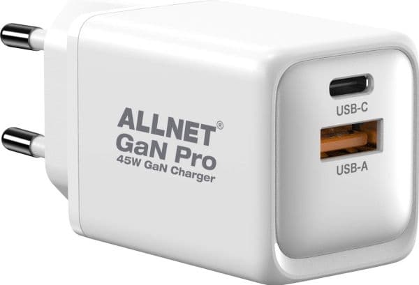 ALLNET erstatningsnettadapter QC USB-C PD GaN 45W 1x USB Type-A 1x USB Type-C **EU PLUG**