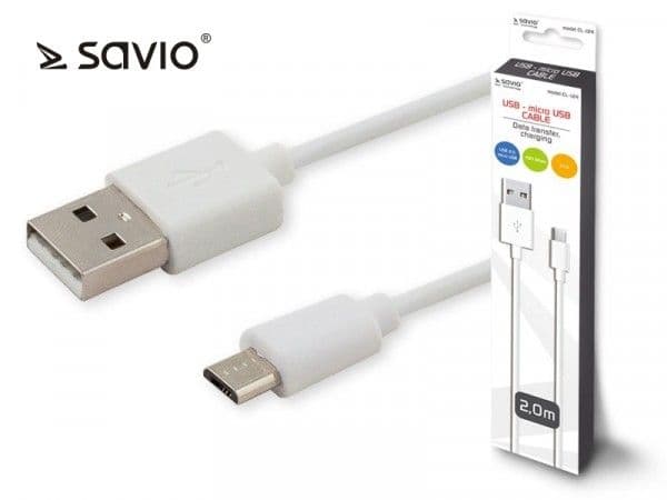 Savio CL-124, 2 m, USB A, Micro-USB B, USB 2.0, 480 Mbit/s, Valkoinen